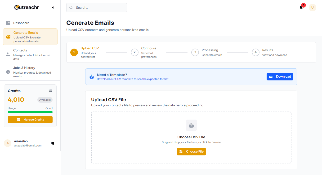 Outreachr Dashboard - AI-Powered Email Generation Interface